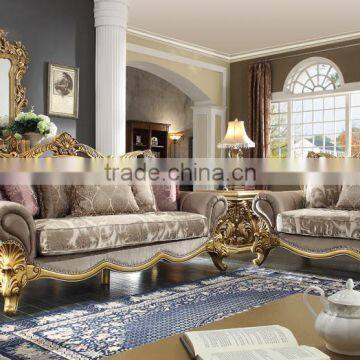 Vintage Arabic Style Solid Wood Gold Leaf Living Room Sofa/Golden Painting Saloon Furniture (MOQ=1 Set)