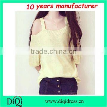 summer one shoulder light yellow short sleeve light weight cotton sweater