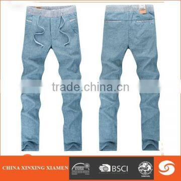 men elastic waistband light blue fashion OEM casual jeans