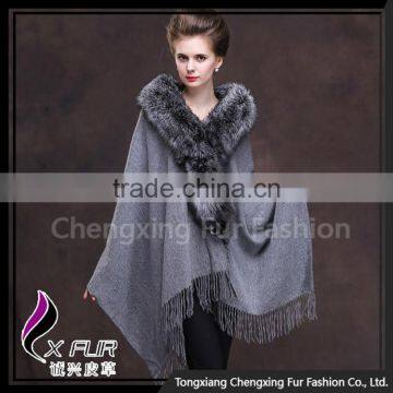 CX-B-P-18E New Style Fox Fur Trim Black Shawl photo-4