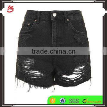 Women Fashionable Wearing Black Distressed High Waisted Denim Shorts