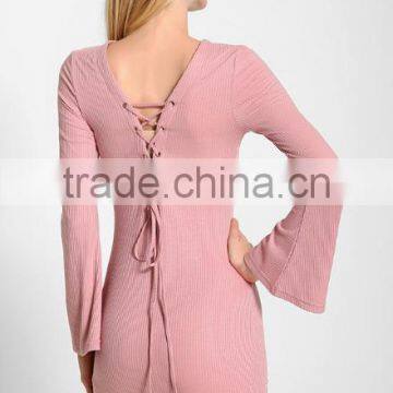 Hot Selling 100 Cotton Pink Skin Tight Knitted Vent Hem Sweater Dress With Wide Sleeves photo-3