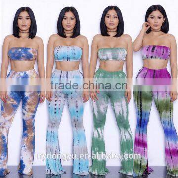 blue green g bell bottomed pants and top set /19 color xayn tie dye wide legging flare trousers and top two piece set