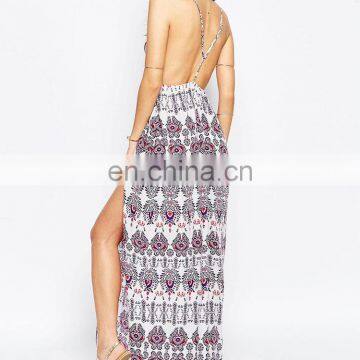 OEM Service China Factory Maxi Long Floral Plunge Spaghetti Strip Cross Back Side Split Beach Trendy Dress 2017 photo-3