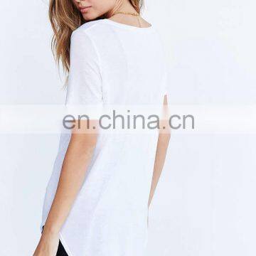 China Wholesale Short Sleeve V Neck Longline Blank Women Custom T Shirt
