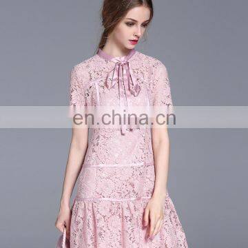 European Style pink lace Dress fashionl stand Neck short sleeve Dresses Plus Size Women Clothing