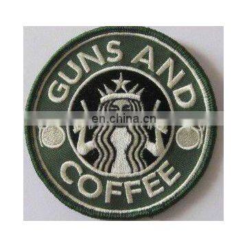 Trade Assurance professionally custom GUNS and COFFEE merrowed/overlock embroidery patch, velc backing embroidered badge