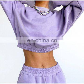 Custom Logo Plain Womens Ins Causal Crop 2 Pcs Jogger Sweat Pants Hoodies Sweatshirts Set photo-3