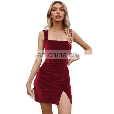 Factory Outlet Christmas 2021 Women's Newest Sexy Slit Square Collar Solid Color Package Hip Skirt Slim Temperament Dress