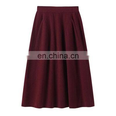 Elegant A-Line Ladies Cashmere Skirt Winter Warm Women's Woolen Skirt with Elastic Waist Solid Pattern Pockets Plain Knitted