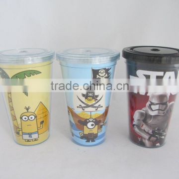 450ml Double Wall Plastic Mug with Straw and PVC/Paper Insert