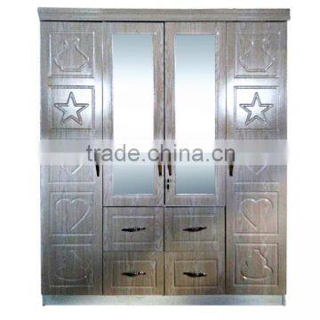 Armoire 4 doors black color middle double mirror pvc coated Armoire