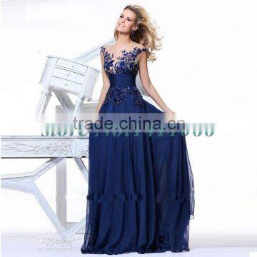 Actual Pictures! Stock 2015 Blue Charming Elegant Chiffon Appliques Natural long prom dresses for party new arrival