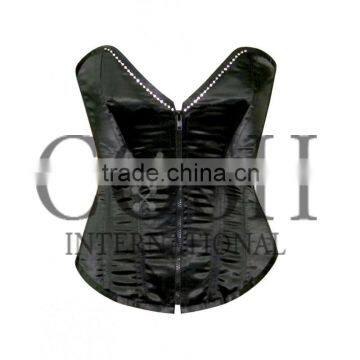 Overbust Steel Boned Black Satin Corset With Rhinestones Ci-1159