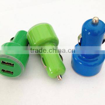 wholesale double USB car charger 5V 2.1A+1A colored mini 2 ports car charger for mobile phone