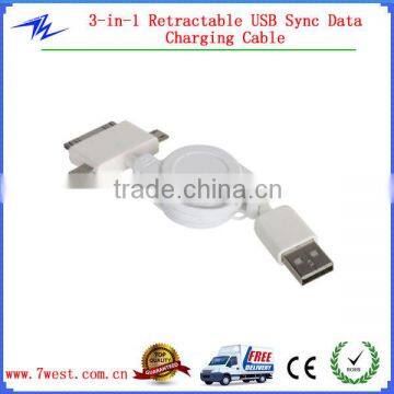 High Speed 3 IN 1 Retractable USB Cable For iPhone support IOS 8.0 /Samsung/HTC