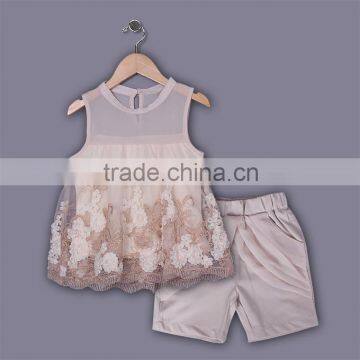 2015 New Fashion Baby Clothes Set Lace Embroidered Children Wear Cotton With Tulle Girls Suits For Princess Wear CS50404-2