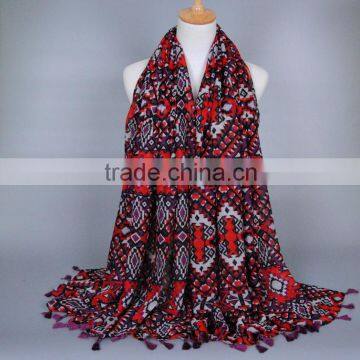 Geometric pattern printed voile tassel scarf