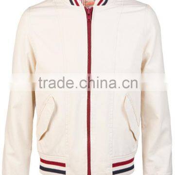 White varsity jacket with maroon/white rib style