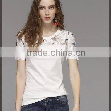 Round collar printing bud silk gauze shirt with short sleeves