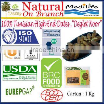 Organic Natural Dates on the Branch. Tunisian High Quality Dates "Deglet Noor" Category, Fresh Dates Fruit, Sweet Dates 1 Kg