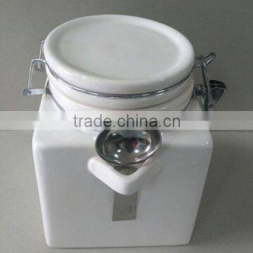 Plain White Ceramic Square Shape Storage Jar With Handle and Spoon photo-2