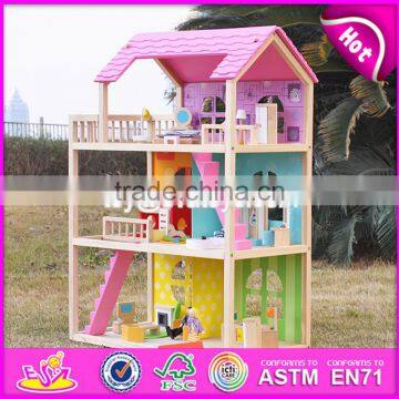 2017 new design pink girls pretend play wooden doll house toys W06A170