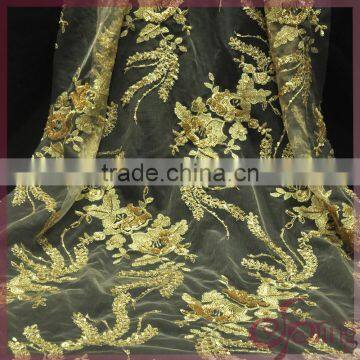 Gold metallic yarn embroidered mesh lace, embroidery design sequin fabric for dress