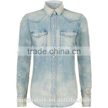 ladies twin chest pocket fashion cotton jeans shirt OEM service