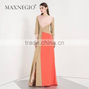 Latest Design Fashion Contrast Color Ladies High Quality Elegant Long Sleeve and Maxi Evening Dress 2016 photo-2