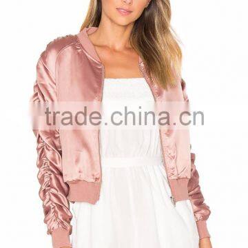 2017 Customize Pleat Pilot Jacket Ribbed Knit Trim Zipper Up 100% Polyester Baseball Jacket With Private Label photo-5