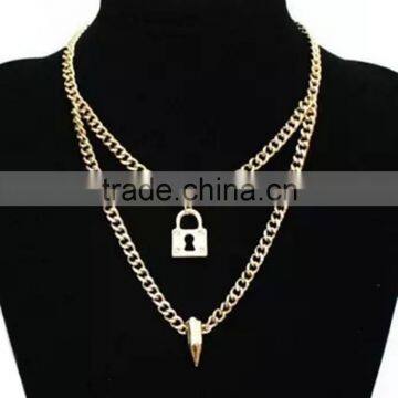 Antique Gold Double Layering Bullet And Padlock Charm Necklace