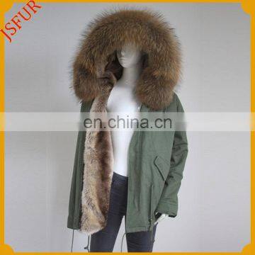 Jsfur Army Coat Faux Fur Lined Raccoon Hood Parka Jacket