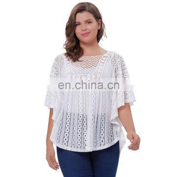 Hanna Nikole Women Plus Size Loose Semi See-Through Batwing Sleeve White Lace Tops HN0020-2