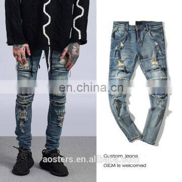 Rip men jean slim fit stretch sexy man straight tight skinny denim jeans OEM custom trousers