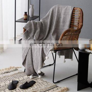 RAWHOUSE New Design Knitted Gray Cotton Throw Blanket With Pom Poms photo-2