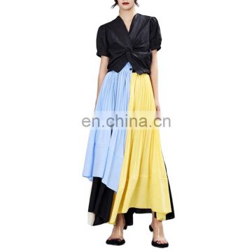 TWOTWINSTYLE Elegant Hit color High Waist ruched Pleated Irregular Skirt women