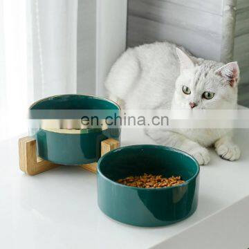 Pet Ceramic Bowl With Bamboo Fiber Frame Cat Dog Pet Food Feeder photo-3