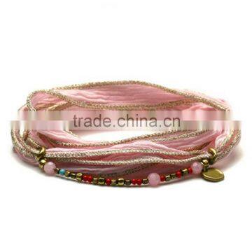 pink silk lace wrap bracelet with beads and crystal for girl