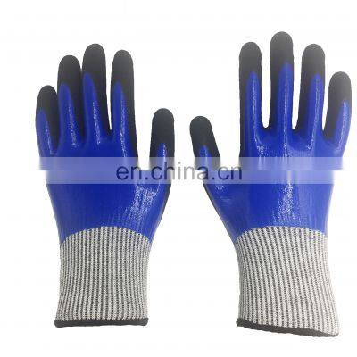 Anti Cut Level 5 HPPE Liner Nitrile Full Coated + Sandy Palm Coated Cut Resistant Gloves