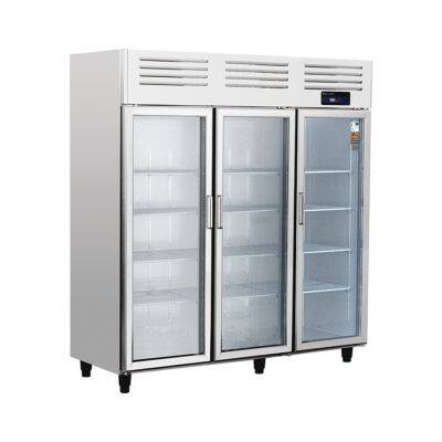Refrigerador de exhibición energéticamente eficiente para exhibición en supermercados comerciales, de estilo europeo, vertical con tres grandes puertas de cristal