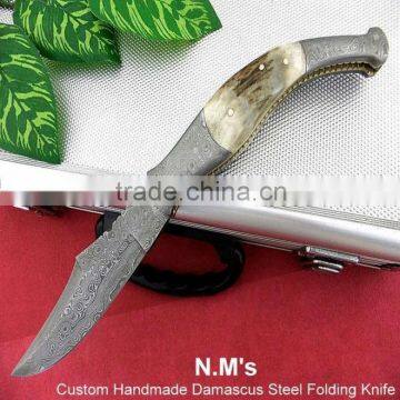 udk f213" custom handmade Damascus folding knife / pocket knife with Damascus steel bolster and Stag handle