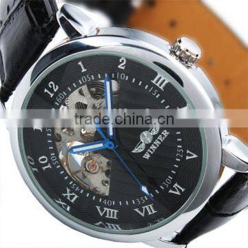 ESS Gents Men's Black Skeleton Dial Hand-Wind Up Leather Mechanical Watch WM206