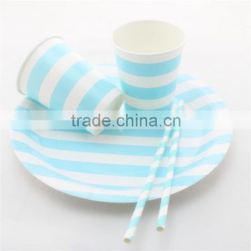 Baby Blue Striped Party Tableware Sets Drinking Straws Disposable Cups Dishes