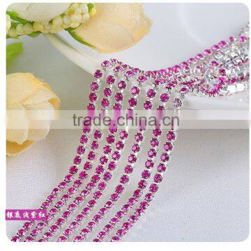 Fuchsia SS6 to SS38 Silver Plating Wholesales AAA Quality Shinny Close Crystal Cup Claw Rhinestone Chain for Jewelry Cheapest