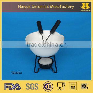 Ceramic cheese fondue, fondue burner, white fondue bowl
