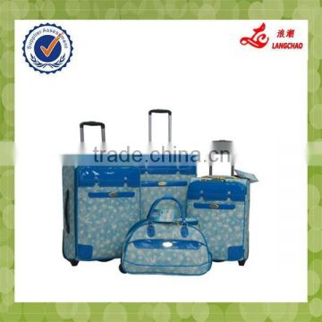 Blue Color Two Wheels PU Leather Material Flight 3 pcs Travel Bag Set