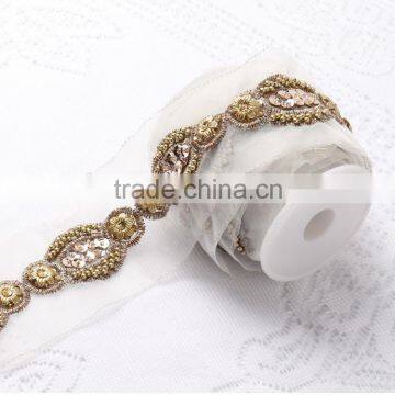 Gold Color Beaded and Sequin Lace Trimming For Dress Wholesale photo-2