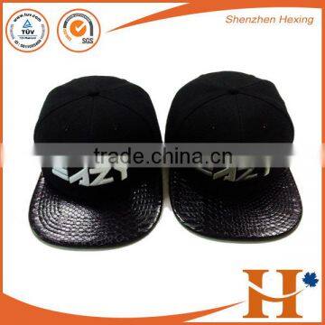 Hot selling hip pop flat brim snapback cap 3D embroidery PU leather brim snapback cap