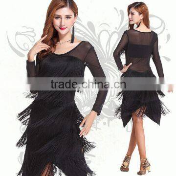 2016 Women Red Black Purple Ballroom Jazz Dance Dress Latin Ladies, show girl long sleeves salsa fringe dancing skirt costume